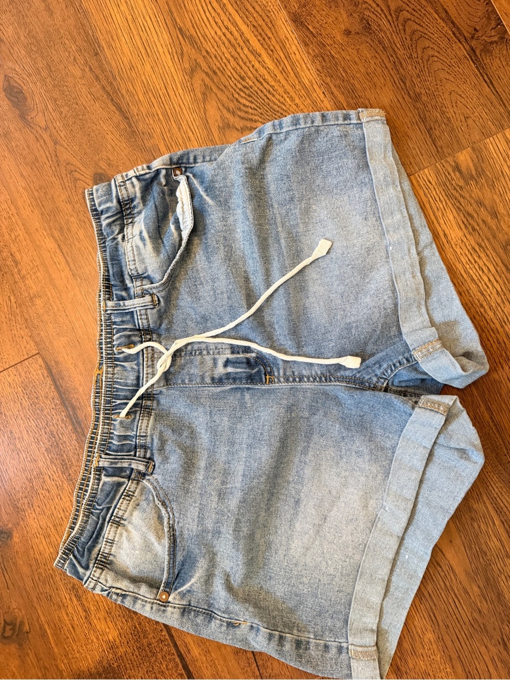 Dollhouse Light Blue Denim Shorts with Gold Stitching